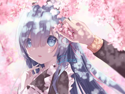 HD anime desktop wallpaper featuring Rem from Re:Zero - Starting Life in Another World, surrounded by pink cherry blossoms with soft, detailed shading and vibrant colors.