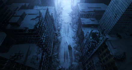 HD PC desktop wallpaper from the post-apocalyptic video game Wasteland 3, showing a snowy, deserted city street with a vehicle and long shadows amidst ruined buildings.