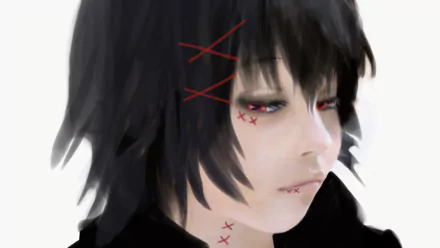 HD PC desktop wallpaper of Juuzou Suzuya (Tokyo Ghoul:re) — close-up anime portrait with dark hair, pale skin and red stitched scars, solemn expression on a soft white background.