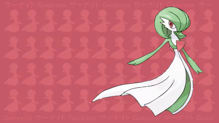 8K Ultra HD PC desktop wallpaper featuring Gardevoir from Pokémon in an anime-style illustration with a red patterned background.