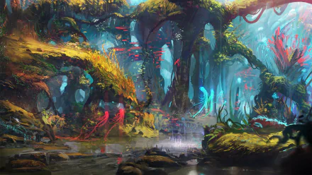 HD PC desktop wallpaper depicting a vibrant fantasy forest with glowing plants, towering trees, and mystical light illuminating the enchanted woodland scene.