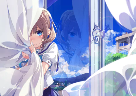 Anime original HD desktop wallpaper featuring a shy girl behind curtains, reflecting in a window with a clear blue sky and building in the background.