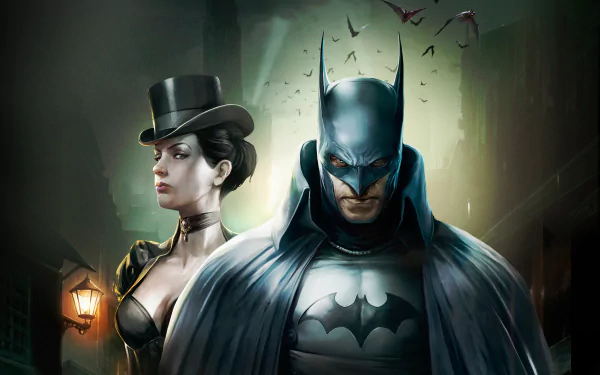 Batman in Victorian cowl and cape stands foreground with Selina Kyle/Catwoman in a top hat behind him — DC Comics movie artwork: Batman: Gotham by Gaslight. 2K Quad HD PC desktop wallpaper.