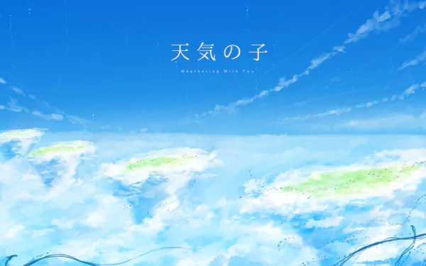 Anime-style 4K Ultra HD desktop wallpaper featuring a bright blue sky and fluffy clouds from Weathering with You.