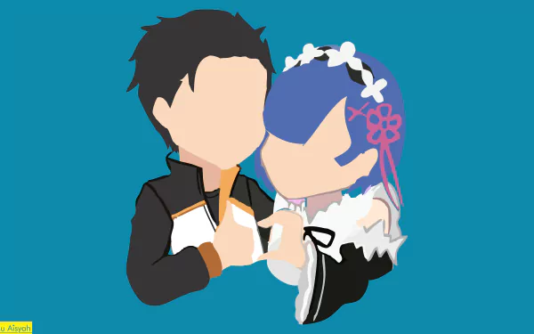 Faceless stylized illustration of Rem and Subaru Natsuki from Re:Zero sharing a tender moment, vivid 8K Ultra HD anime PC desktop wallpaper.
