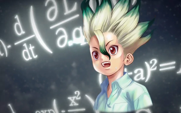 An HD desktop wallpaper featuring Senku Ishigami from the anime Dr. Stone. He has distinctive spiky green hair and a confident expression, surrounded by mathematical equations.