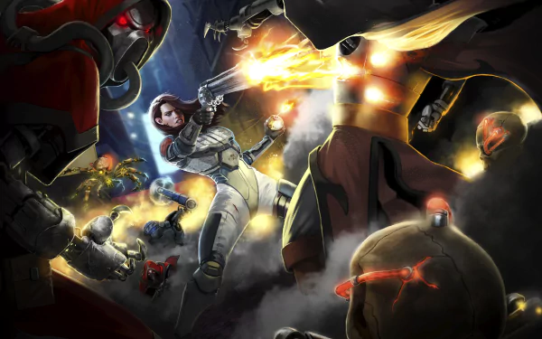 Ion Fury video game 8K Ultra HD PC desktop wallpaper and background: armored heroine firing pistols through explosions, battling robots and skull-masked enemies in a dark, action-packed sci-fi scene.