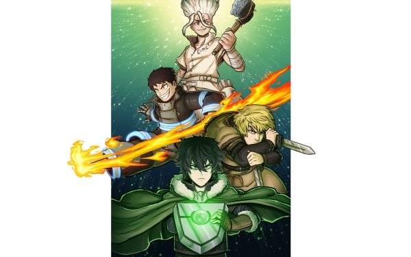 Anime Crossover The Rising of the Shield Hero Vinland Saga Fire Force Dr. Stone Naofumi Iwatani Shinra Kusakabe Senku Ishigami Thorfinn HD Wallpaper | Background Image