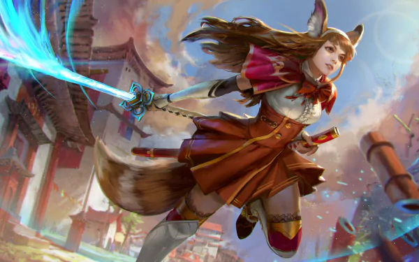 Vainglory fox-eared warrior woman with brown hair lunging with a glowing sword across a vibrant, Asian-inspired cityscape — 4K Ultra HD video game desktop wallpaper.