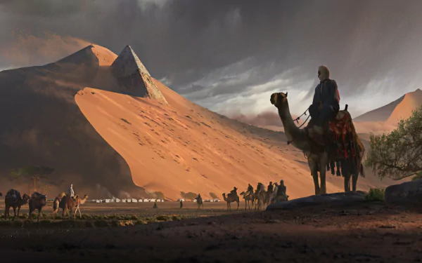 A fantasy desert landscape with towering dunes, a camel caravan crossing sandy terrain under a cloudy sky, designed as an HD PC desktop wallpaper.