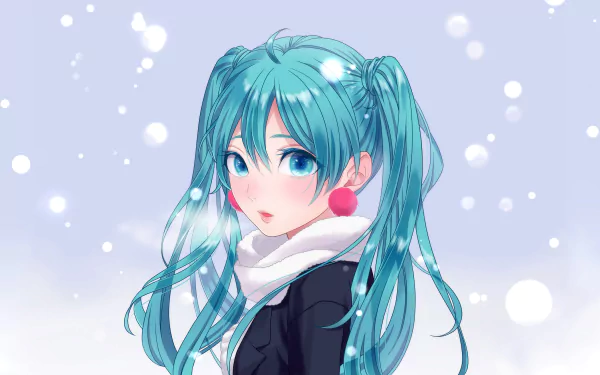 HD desktop wallpaper featuring Hatsune Miku, a popular Anime and Vocaloid character with blue hair, wearing a scarf and ear muffs, set against a soft snowy background.