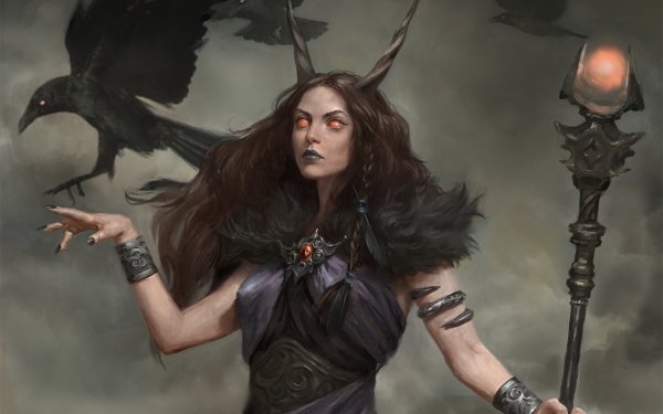 Fantasy Witch Staff Crow Horns Brown Hair HD Wallpaper | Background Image