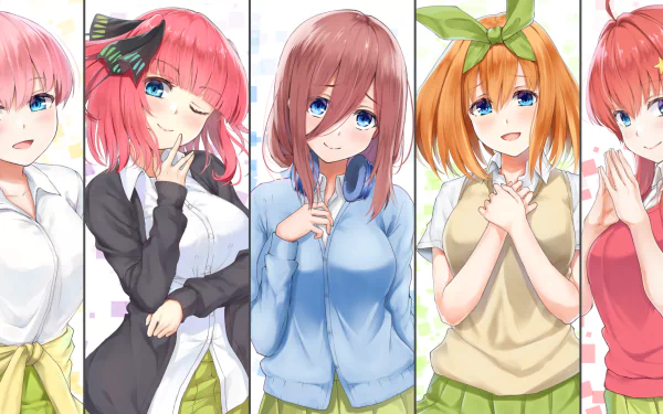 HD desktop wallpaper featuring Itsuki, Nino, Miku, Yotsuba, and Ichika Nakano from The Quintessential Quintuplets anime. The quintuplets are shown in different outfits with cheerful expressions.