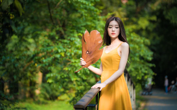 model brunette depth of field yellow dress woman asian HD Desktop Wallpaper | Background Image