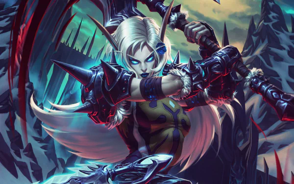 HD desktop wallpaper featuring a white-haired Night Elf woman warrior with pointed ears in detailed armor from the video game World of Warcraft.