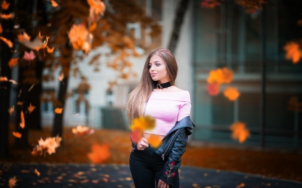 Women Model Brunette Leather Jacket Long Hair Depth Of Field HD Wallpaper | Background Image
