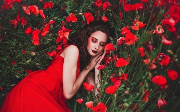 Women Mood Flower Sleeping Red Dress Poppy Model Black Hair Lipstick Red Flower HD Wallpaper | Background Image