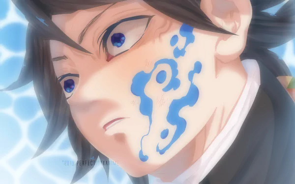 Close-up 4K Ultra HD anime wallpaper of Giyuu Tomioka from Demon Slayer: Kimetsu no Yaiba, featuring vibrant colors and detailed character design.