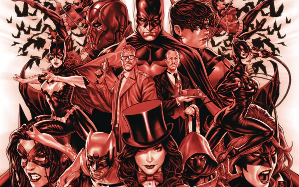 HD PC desktop wallpaper featuring Dick Grayson, Barbara Gordon, Alfred Pennyworth, Damian Wayne, Red Robin, Tim Drake, Red Hood, Robin, Zatanna, Batgirl, Catwoman, and Batman from DC Comics.
