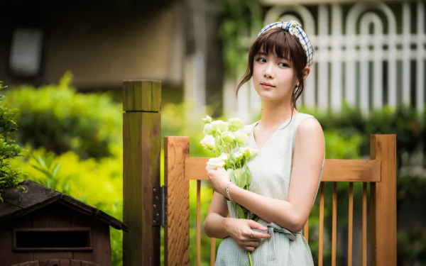 depth of field brunette dress model flower woman asian HD Desktop Wallpaper | Background Image