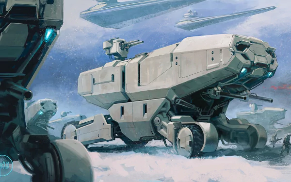 HD PC desktop wallpaper and background concept art of a Star Wars Hoth battle: heavy walkers trudge through snow while Star Destroyers loom in the sky — sci‑fi Star Wars scene.