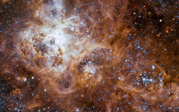 A vivid 8K Ultra HD sci-fi space wallpaper featuring a dense star field and glowing nebula with rich orange and blue hues.