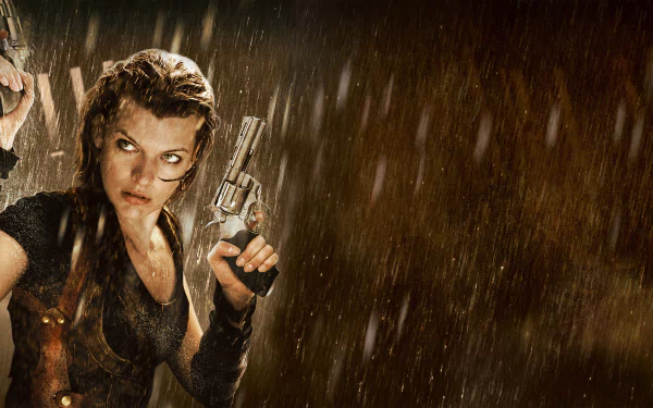 HD desktop wallpaper featuring Milla Jovovich as Alice from the movie Resident Evil: Afterlife, standing in the rain and holding two guns with a determined look.