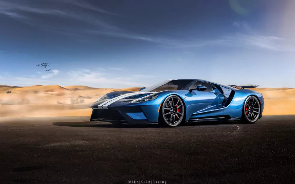 5K Ultra HD PC desktop wallpaper and background featuring a blue Ford GT vehicle on desert asphalt beneath a vast sky with distant sand dunes.