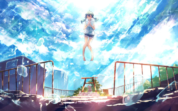 Hina Amano from Weathering with You — anime HD PC desktop wallpaper of her floating above a sunlit rooftop, rain droplets sparkling under a vivid blue sky.