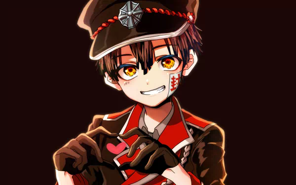 HD anime wallpaper showcasing Hanako-kun from Toilet-bound Hanako-kun, featuring his signature hat, glowing amber eyes, and mischievous smile against a dark background.