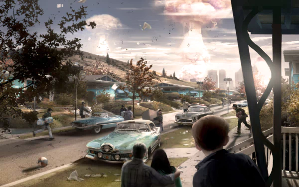 4K Ultra HD Fallout 4 PC wallpaper depicting a post-apocalyptic neighborhood with vintage cars and a distant mushroom cloud explosion.