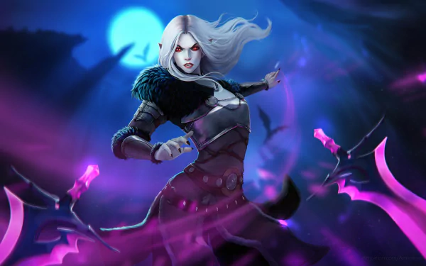 A white-haired night elf sorceress with red eyes wields a dagger under a glowing moon, surrounded by purple magical energy in this fantasy HD desktop wallpaper.