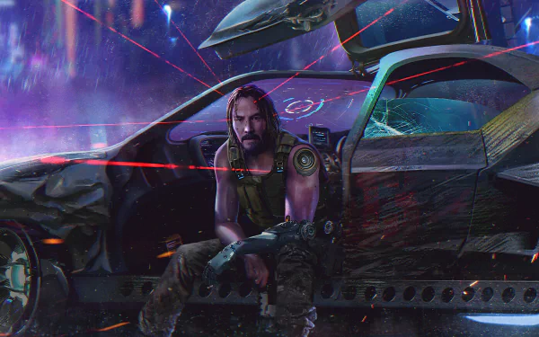 HD wallpaper of Keanu Reeves as Johnny Silverhand from the video game Cyberpunk 2077, seated in a damaged car, with neon lights and futuristic details in the background.