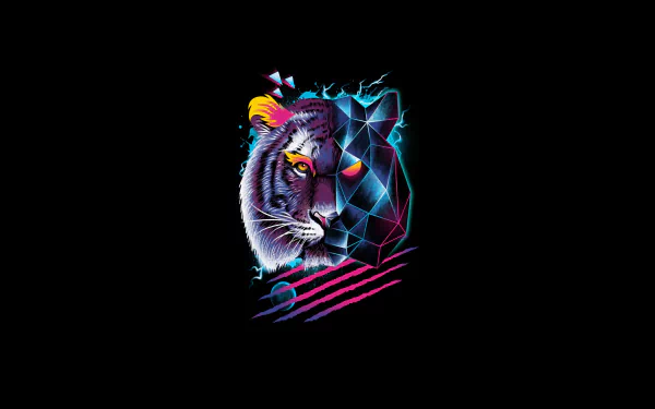 Retro neon artistic tiger portrait in 4K Ultra HD, geometric split-face design with vibrant cyan and magenta strokes — PC desktop wallpaper/background.