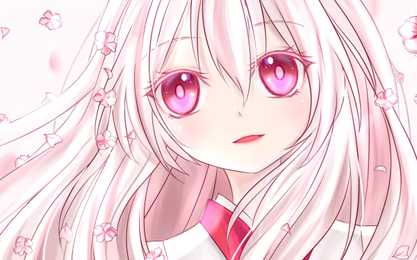 Anime girl with flowing pink hair and vivid pink eyes wearing a yukata, cherry blossoms drifting around her — 4K Ultra HD PC desktop wallpaper background.