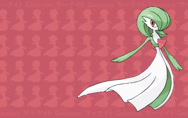 8K Ultra HD PC desktop wallpaper featuring Gardevoir from Pokémon in an anime-style illustration with a red patterned background.