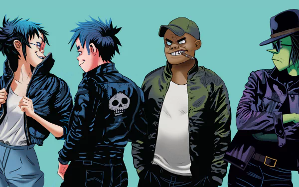 4K Ultra HD desktop wallpaper featuring the animated Gorillaz band members against a solid teal background, showcasing their distinct music-inspired styles.