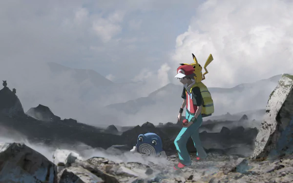 4K Ultra HD wallpaper featuring Red from Pokémon FireRed and LeafGreen with Pikachu on his shoulder, standing in a rocky, misty landscape alongside a wild Pokémon.