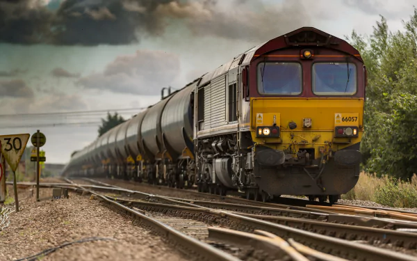 4K Ultra HD desktop wallpaper of a freight train moving along railway tracks under a cloudy sky, showcasing a powerful vehicle in motion.
