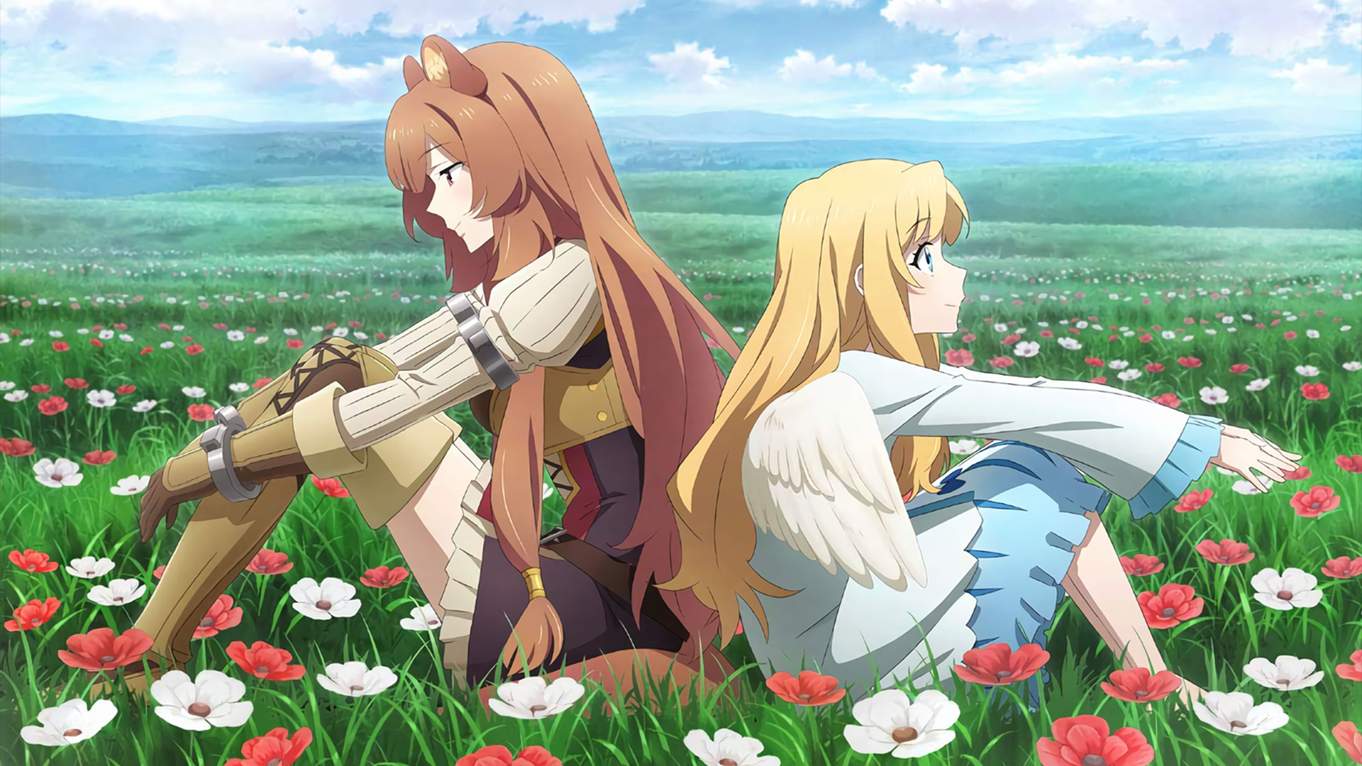 An HD wallpaper featuring Raphtalia and Filo from The Rising of the Shield Hero, sitting back-to-back in a meadow filled with flowers. Raphtalia has animal ears, brown hair, and blue eyes. Filo has long blonde hair.