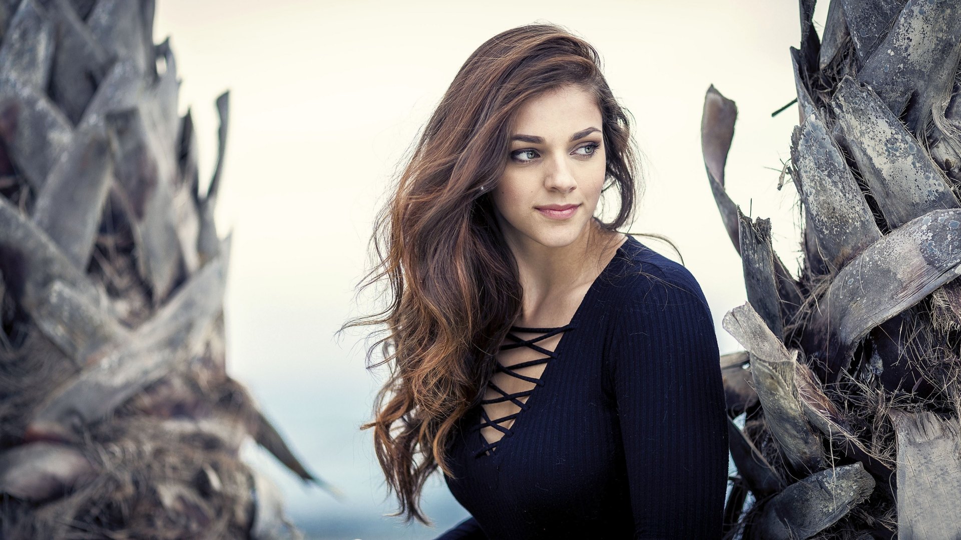 Brunette woman model with long flowing hair in a navy lace-up top, posed between weathered palm trunks — 4K Ultra HD PC desktop wallpaper and background.