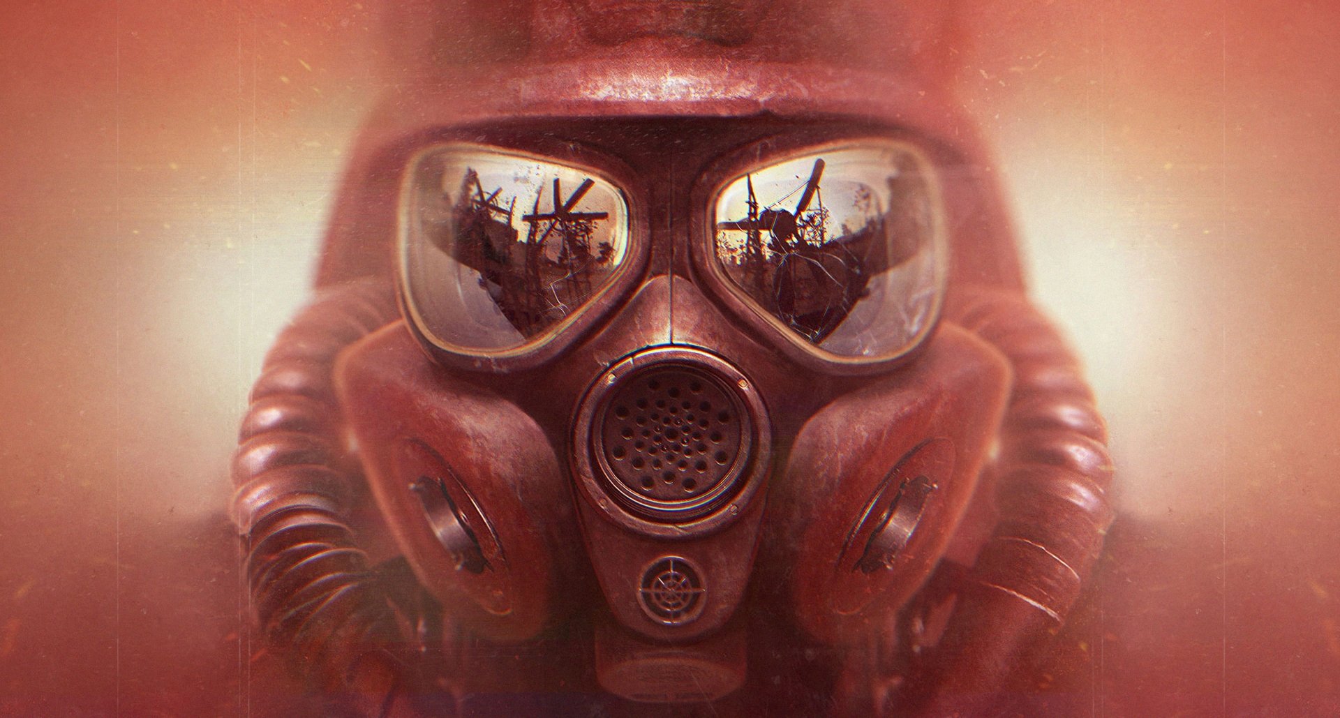 HD PC desktop wallpaper featuring a close-up of a red gas mask from the video game Metro Exodus, reflecting a post-apocalyptic industrial scene in its lenses.