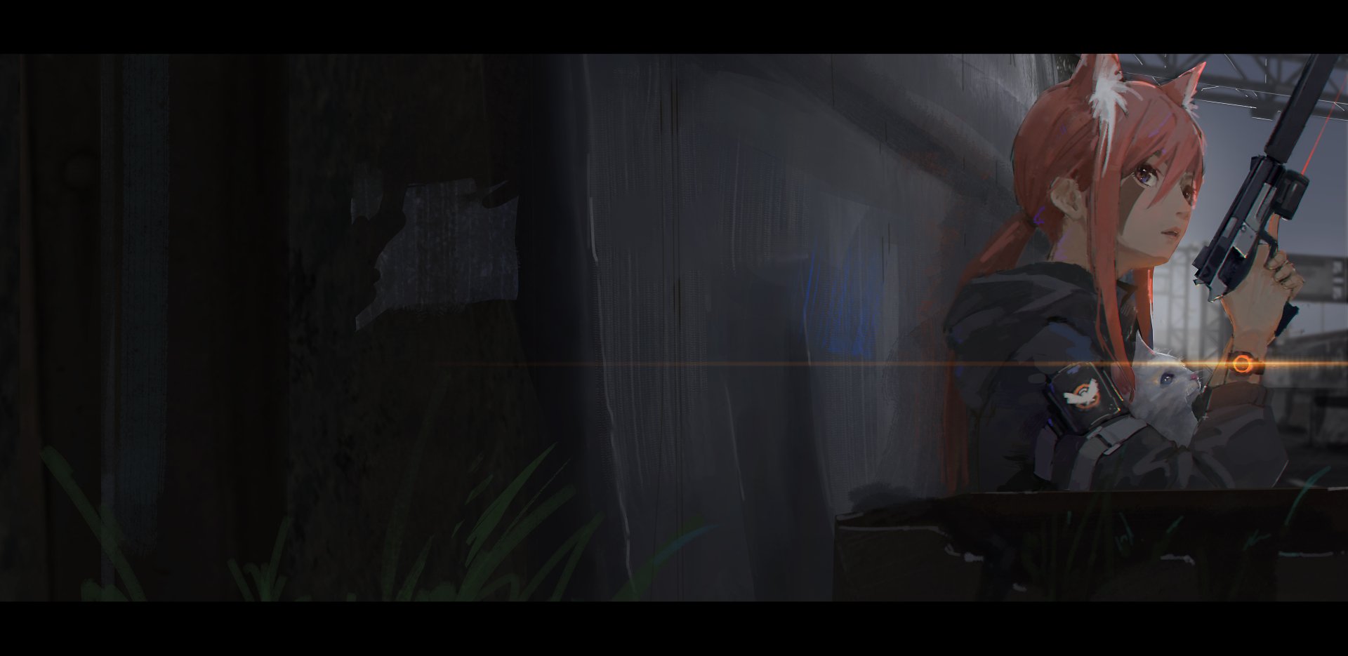 Anime-style original character with pink hair and animal ears, holding a pistol, depicted in a dark, moody 4K Ultra HD PC desktop wallpaper.