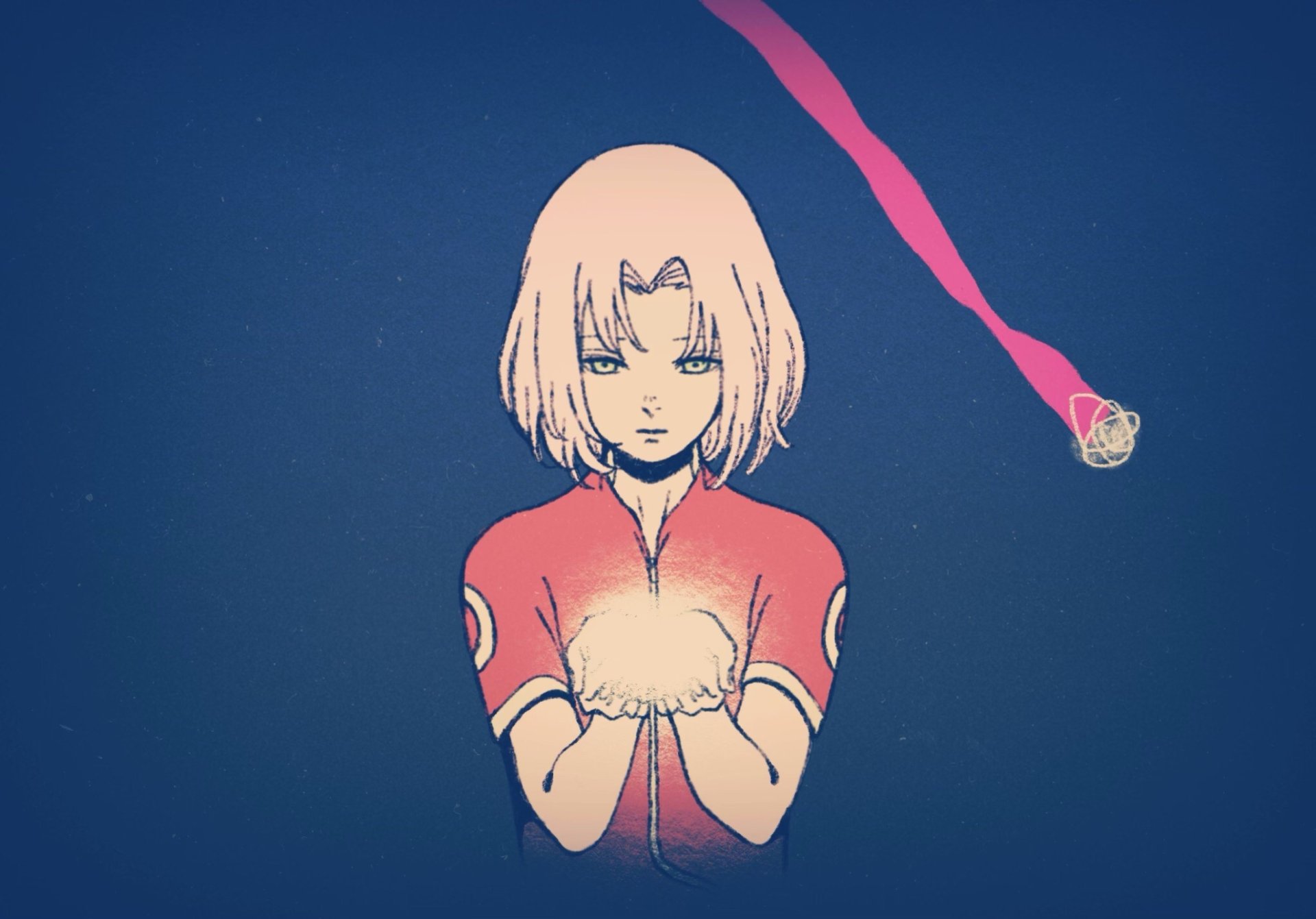 HD anime desktop wallpaper featuring Sakura Haruno from Naruto, depicted holding a glowing energy orb with a blue background and a red trail leading to a ring.