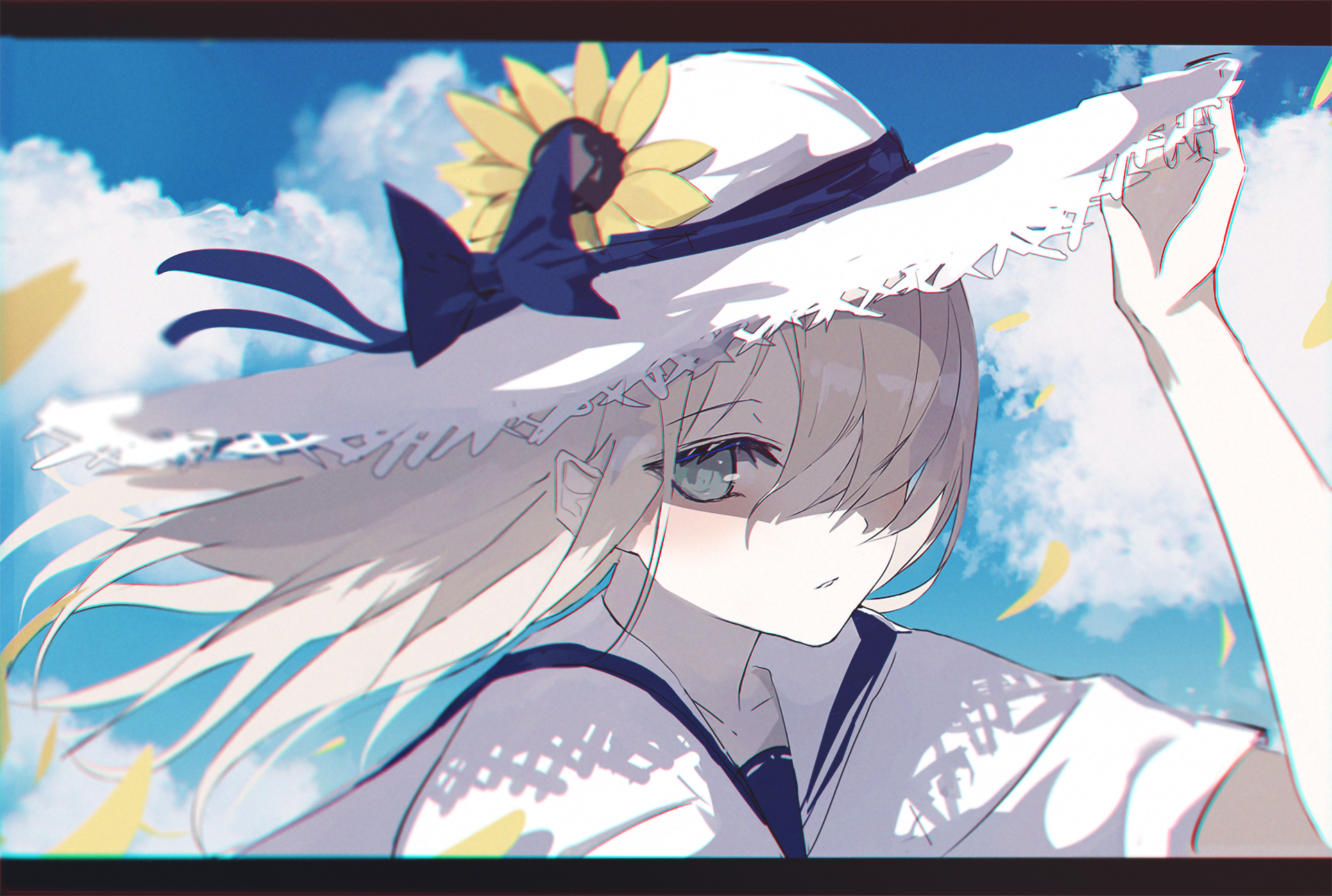 Anime-style original character with silver hair wearing a white sunhat adorned with sunflowers, set against a bright blue sky, designed as an HD PC desktop wallpaper.