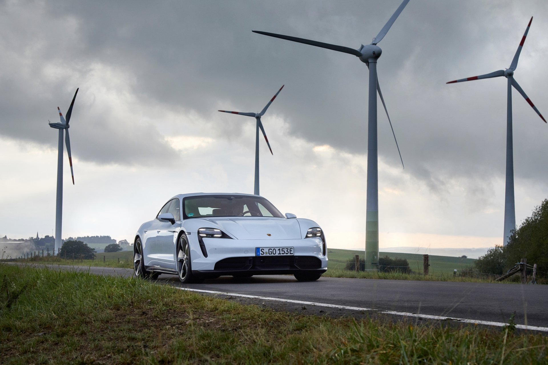 Download Wind Turbine White Car Car Porsche Taycan Porsche Vehicle Porsche Taycan Turbo S 4k Ultra HD Wallpaper