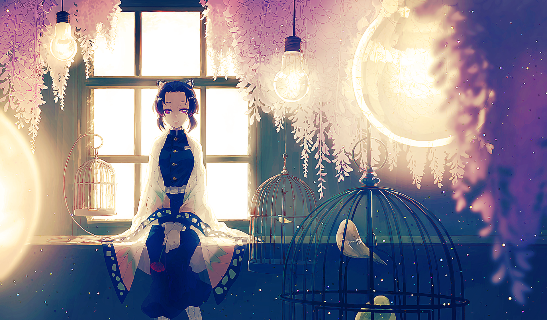 HD anime desktop wallpaper featuring Shinobu Kochou from Demon Slayer: Kimetsu no Yaiba, sitting by a window with glowing light bulbs and hanging flowers in a dreamy nighttime setting.
