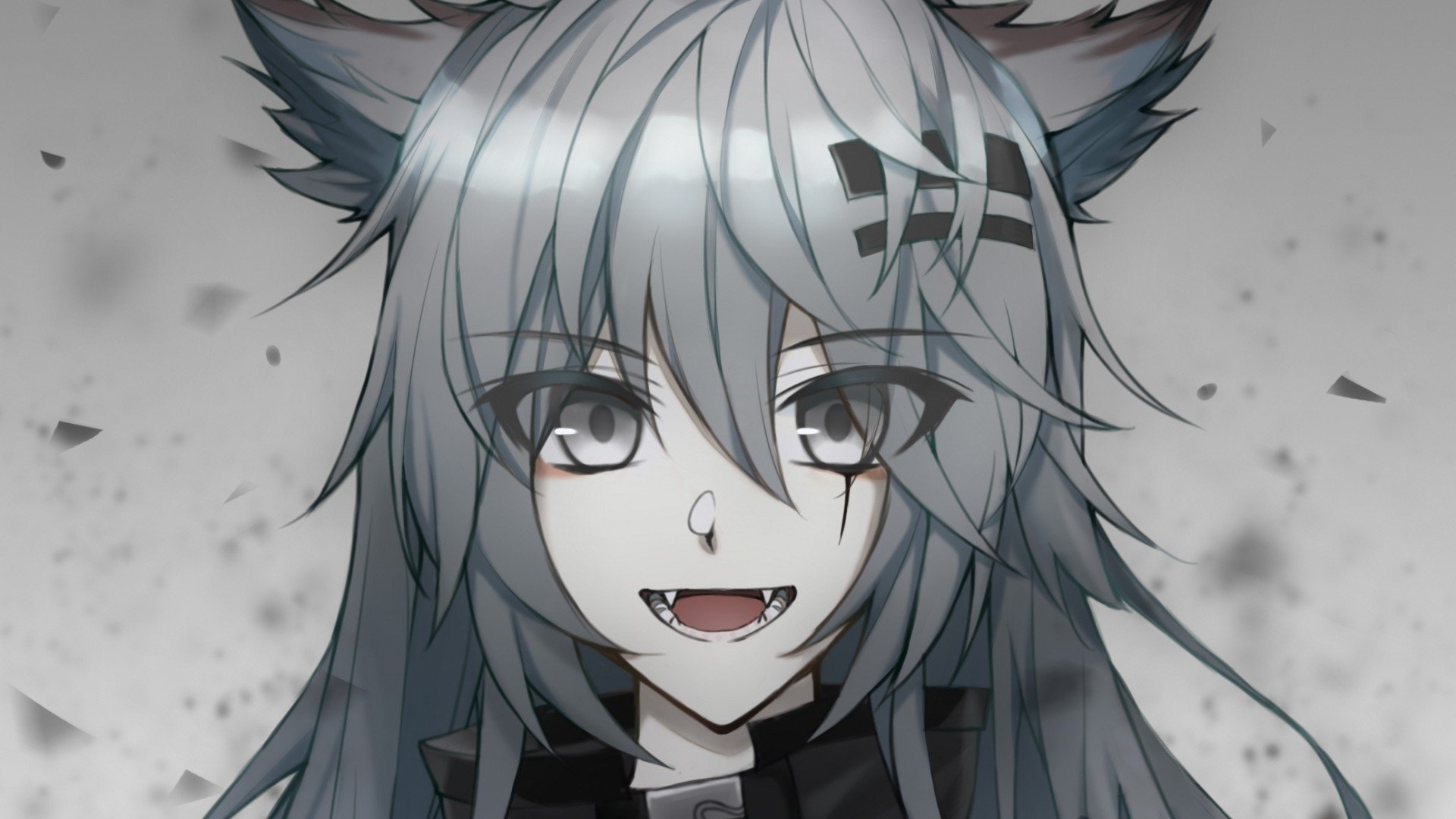 HD PC desktop wallpaper featuring Lappland from Arknights, a grey-haired cat girl from the video game, with detailed fur and expressive eyes in a monochrome style.
