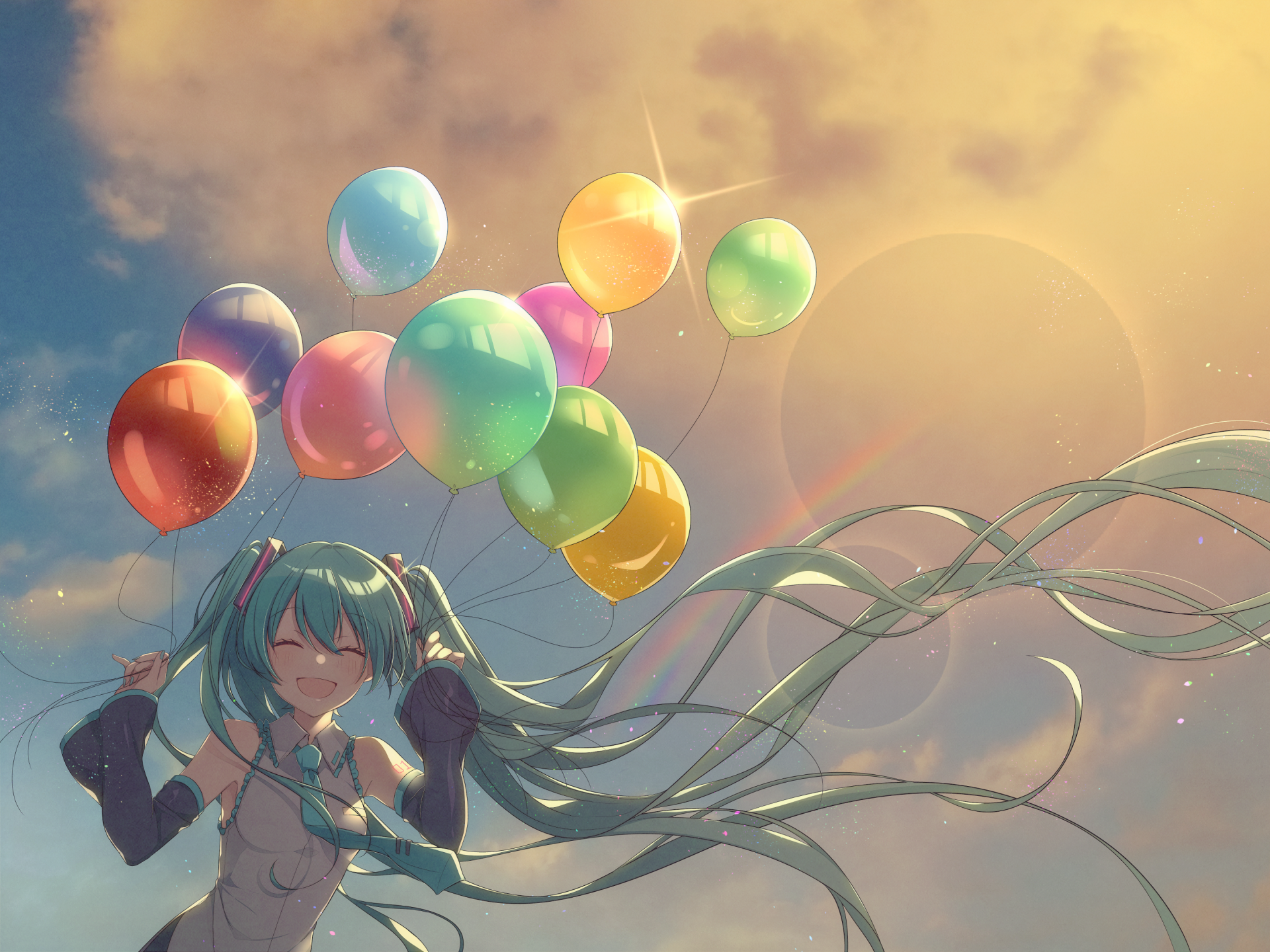 HD anime desktop wallpaper featuring Hatsune Miku from Vocaloid, with colorful balloons floating against a warm, glowing sky backdrop.