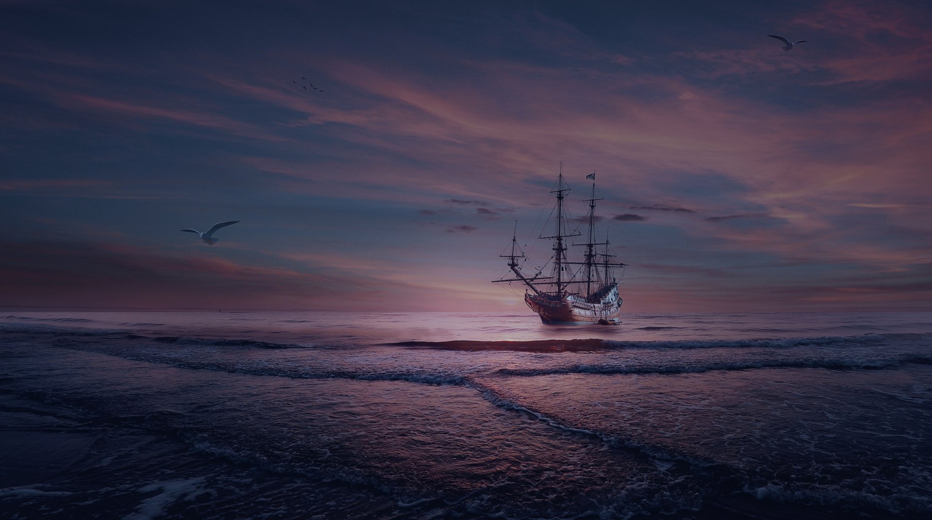 4K Ultra HD PC desktop wallpaper: a vintage sailboat vehicle gliding toward shore at twilight over calm, reflective waters beneath a purple-pink sky.